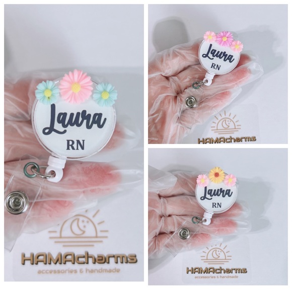 1 x Customized Badge Reel ID Holder with Name and Title 3D Daisy flowers - Picture 2 of 4
